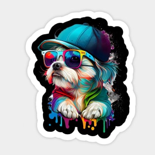 Colourful cool Malteser Terrier dog with sunglasses and Cap Sticker